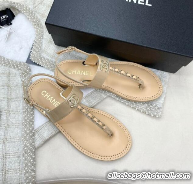 Good Quality Chanel Patent Calfskin Flat Sandals G38221 Beige