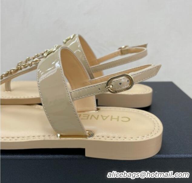 Good Quality Chanel Patent Calfskin Flat Sandals G38221 Beige