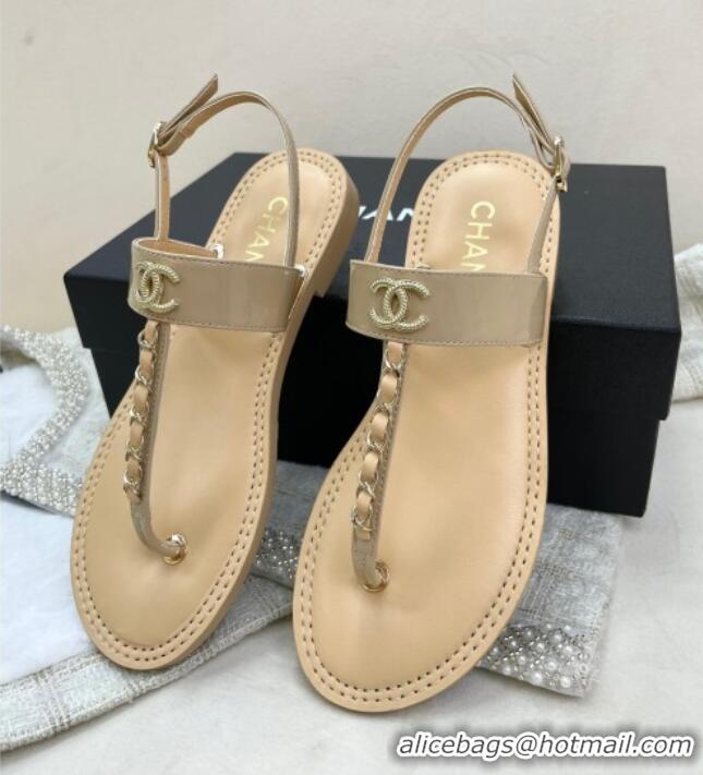 Good Quality Chanel Patent Calfskin Flat Sandals G38221 Beige