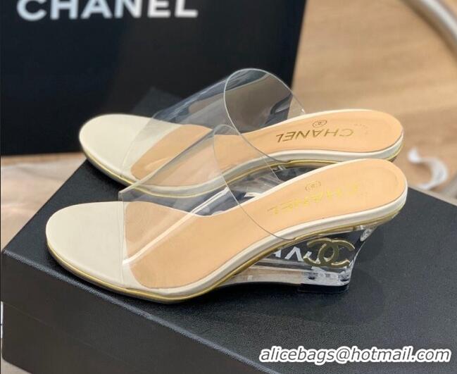 Grade Quality Chanel Transparent Wedge Slide Sandals White 032460