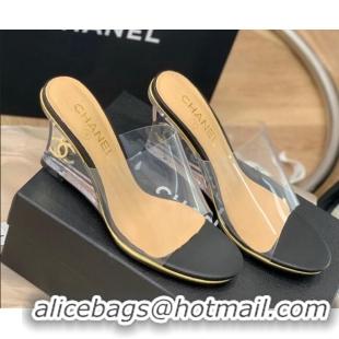 Duplicate Chanel Transparent Wedge Slide Sandals Black 032461