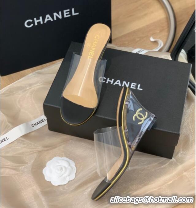 Duplicate Chanel Transparent Wedge Slide Sandals Black 032461