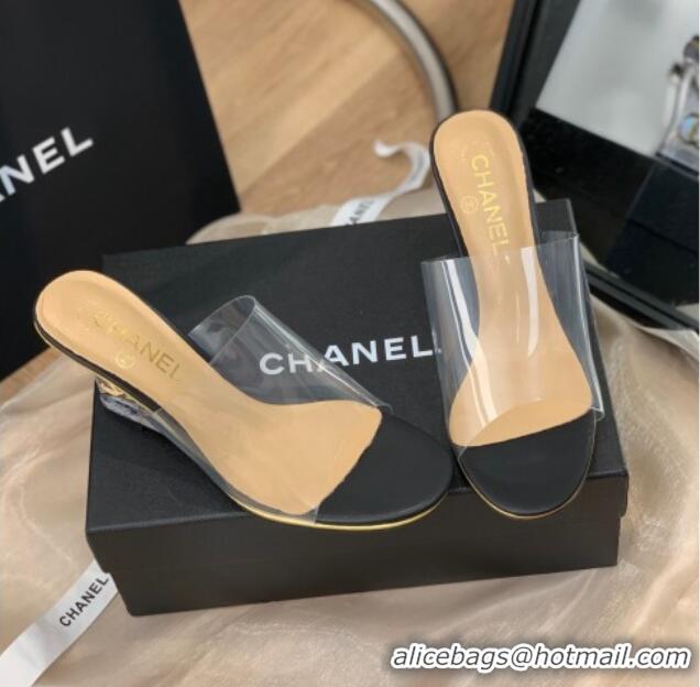 Duplicate Chanel Transparent Wedge Slide Sandals Black 032461