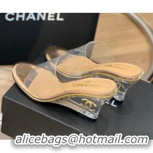 Stylish Chanel Transparent Wedge Slide Sandals Gold 032462