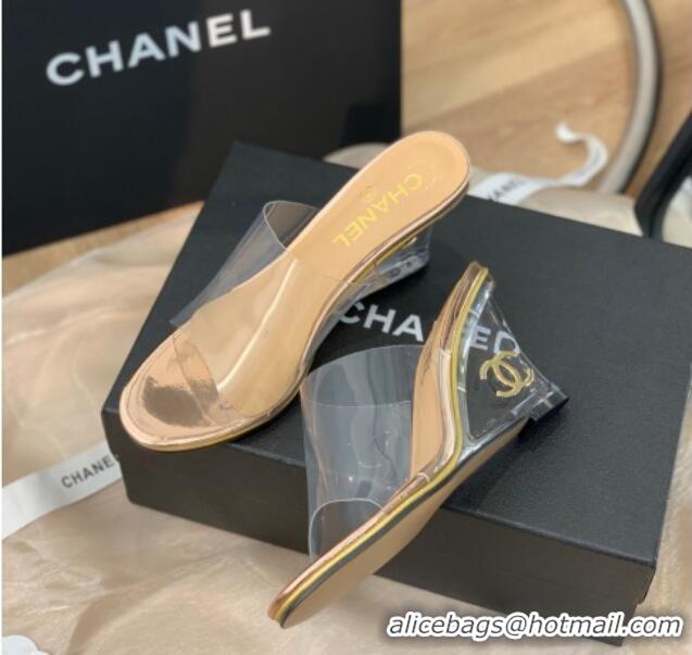 Stylish Chanel Transparent Wedge Slide Sandals Gold 032462