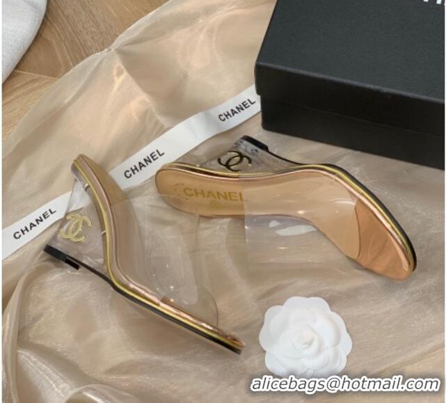 Stylish Chanel Transparent Wedge Slide Sandals Gold 032462