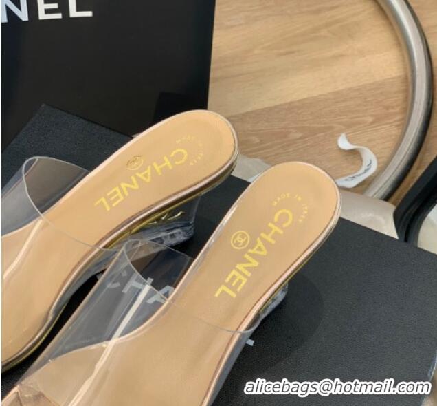 Stylish Chanel Transparent Wedge Slide Sandals Gold 032462