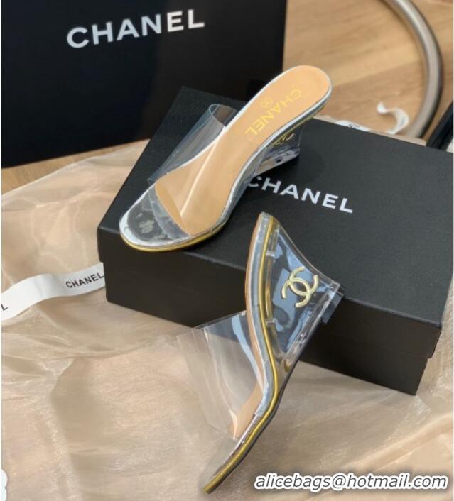 Classic Hot Chanel Transparent Wedge Slide Sandals Silver 2022 032463