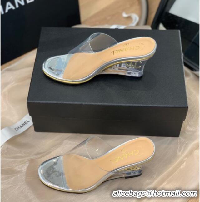 Classic Hot Chanel Transparent Wedge Slide Sandals Silver 2022 032463