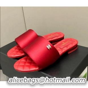 Classic Chanel Satin Flat Slide Sandals G38858 Red