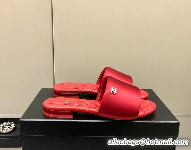 Classic Chanel Satin Flat Slide Sandals G38858 Red