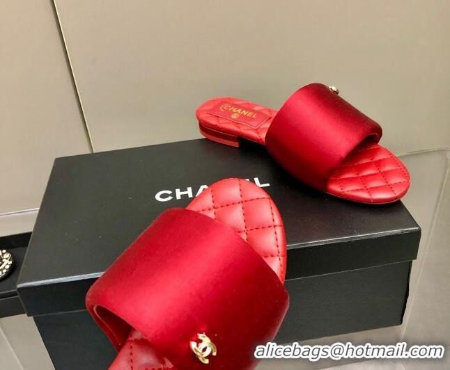 Classic Chanel Satin Flat Slide Sandals G38858 Red