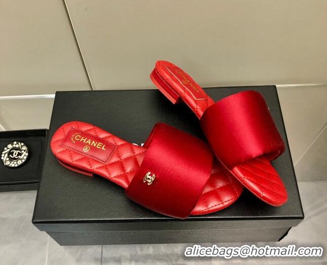 Classic Chanel Satin Flat Slide Sandals G38858 Red