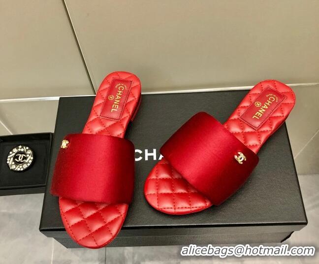 Classic Chanel Satin Flat Slide Sandals G38858 Red