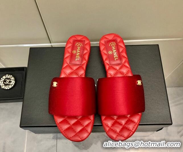 Classic Chanel Satin Flat Slide Sandals G38858 Red