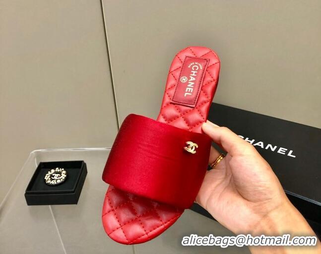 Classic Chanel Satin Flat Slide Sandals G38858 Red