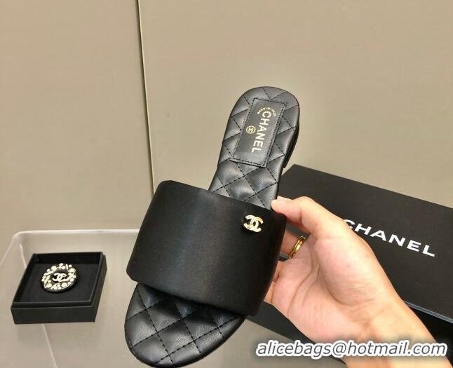 Luxury Discount Chanel Satin Flat Slide Sandals G38858 Black