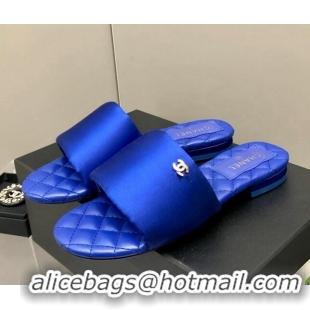 Luxury Chanel Satin Flat Slide Sandals G38858 Blue