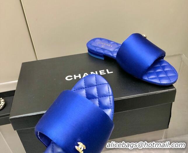 Luxury Chanel Satin Flat Slide Sandals G38858 Blue