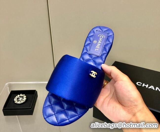 Luxury Chanel Satin Flat Slide Sandals G38858 Blue