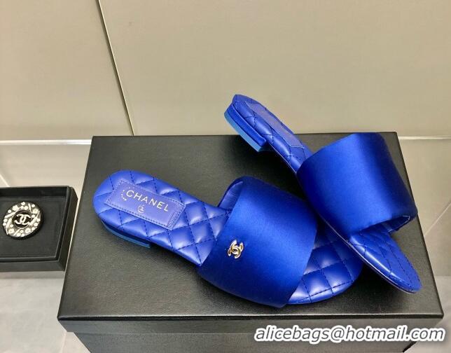 Luxury Chanel Satin Flat Slide Sandals G38858 Blue