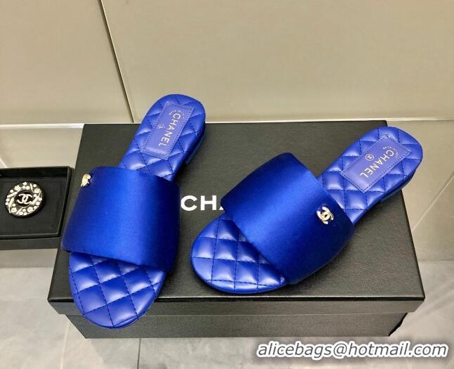 Luxury Chanel Satin Flat Slide Sandals G38858 Blue