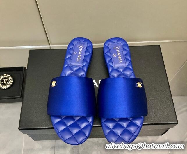 Luxury Chanel Satin Flat Slide Sandals G38858 Blue