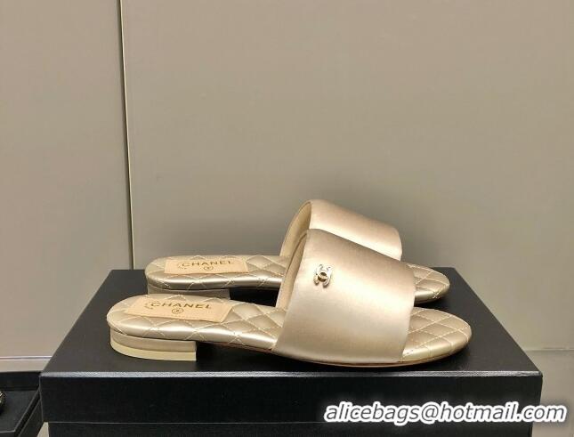 1:1 aaaaa Chanel Satin Flat Slide Sandals G38858 Gold 