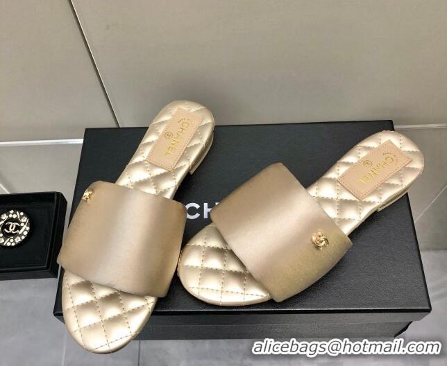 1:1 aaaaa Chanel Satin Flat Slide Sandals G38858 Gold 