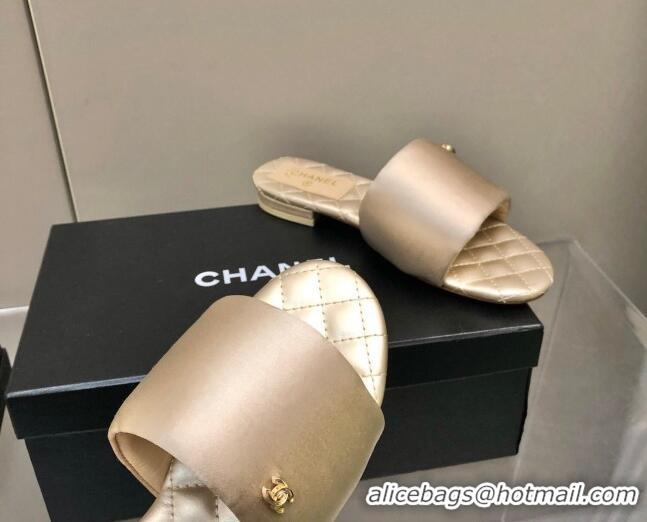 1:1 aaaaa Chanel Satin Flat Slide Sandals G38858 Gold 