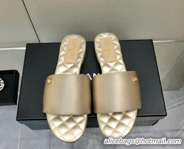 1:1 aaaaa Chanel Satin Flat Slide Sandals G38858 Gold 