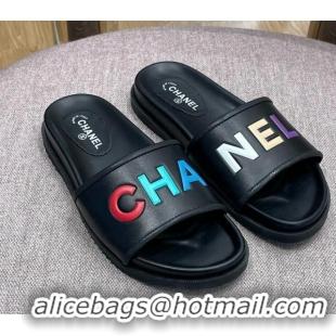 Pretty Style Chanel Lambskin Slide Sandals G38933 Black 2022