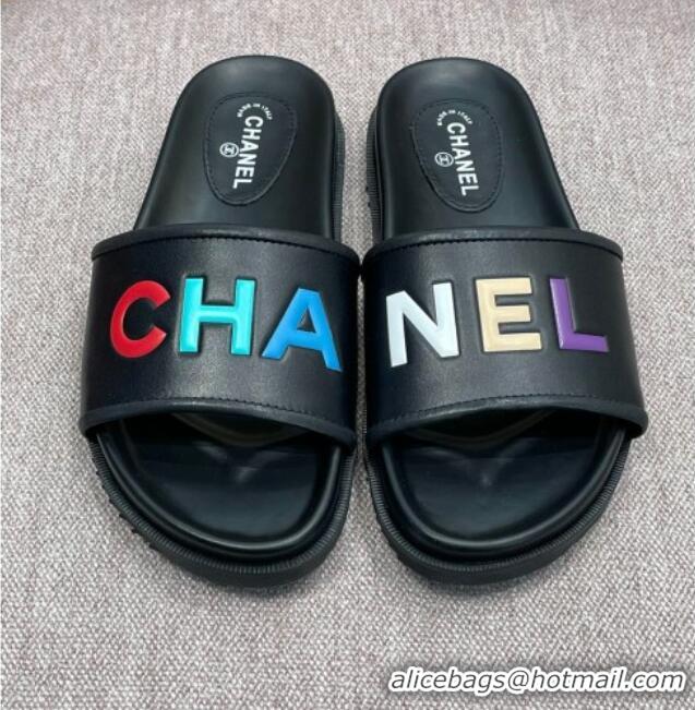 Pretty Style Chanel Lambskin Slide Sandals G38933 Black 2022