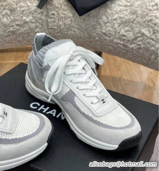 Grade Quality Chanel Knit and Suede Sneakers G38750 White 032517