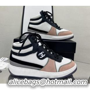 Discount Chanel Fabric, Suede & Calfskin High top Sneakers G38804 White/Nude 032521