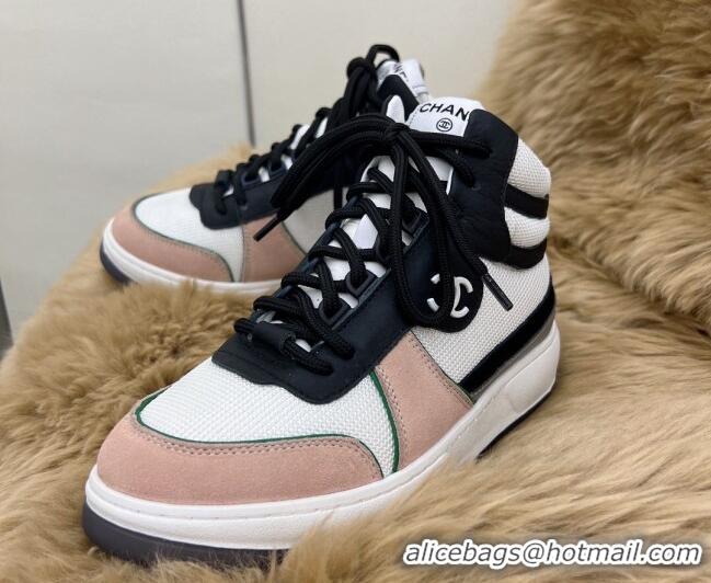 Discount Chanel Fabric, Suede & Calfskin High top Sneakers G38804 White/Nude 032521