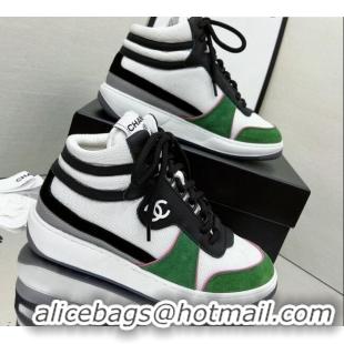 Top Design Chanel Fabric, Suede & Calfskin High top Sneakers G38804 White/Black/Green 032522