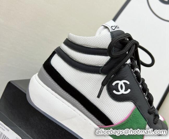 Top Design Chanel Fabric, Suede & Calfskin High top Sneakers G38804 White/Black/Green 032522