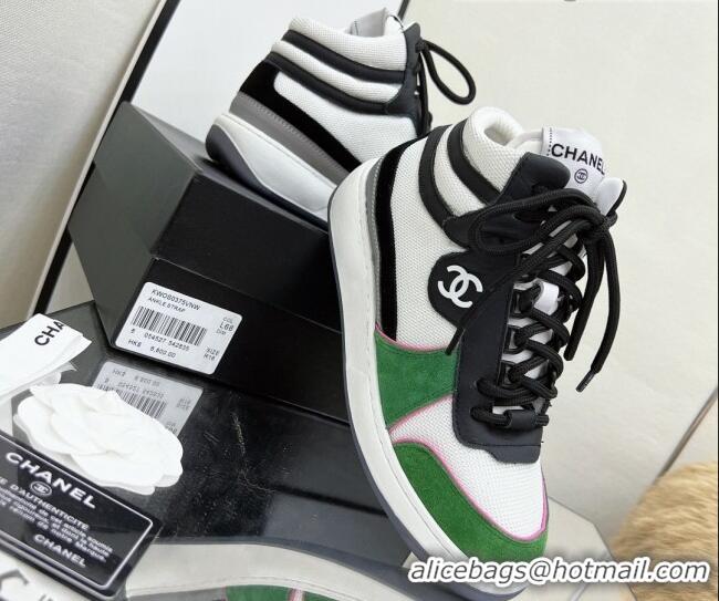 Top Design Chanel Fabric, Suede & Calfskin High top Sneakers G38804 White/Black/Green 032522