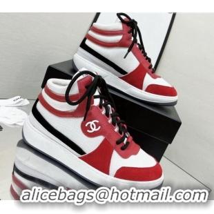 Top Grade Chanel Fabric, Suede & Calfskin High top Sneakers G38804 White/Red 032522