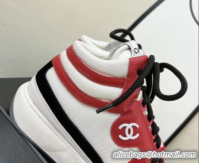 Top Grade Chanel Fabric, Suede & Calfskin High top Sneakers G38804 White/Red 032522