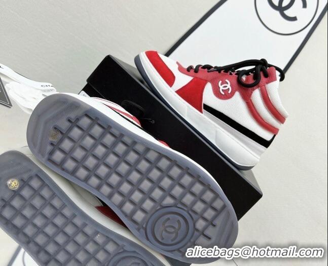 Top Grade Chanel Fabric, Suede & Calfskin High top Sneakers G38804 White/Red 032522