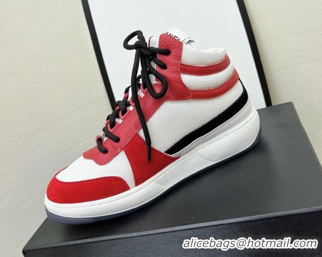 Top Grade Chanel Fabric, Suede & Calfskin High top Sneakers G38804 White/Red 032522