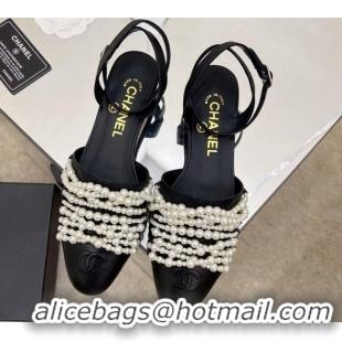 Good Quality Chanel Lambskin Pearl Bead Charm Sandals 2cm Black 032525