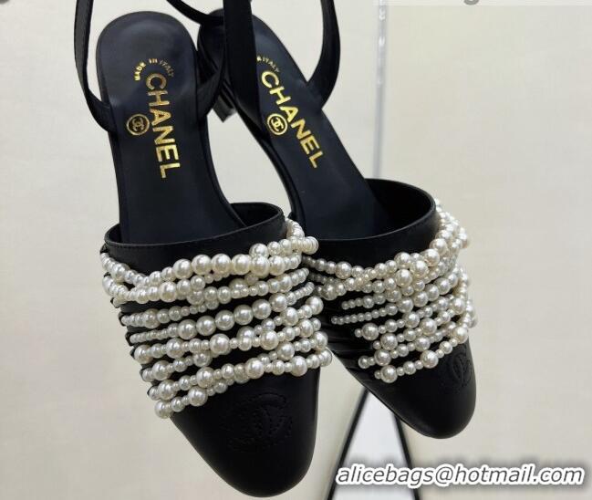 Good Quality Chanel Lambskin Pearl Bead Charm Sandals 2cm Black 032525