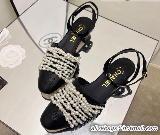 Good Quality Chanel Lambskin Pearl Bead Charm Sandals 2cm Black 032525