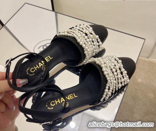 Good Quality Chanel Lambskin Pearl Bead Charm Sandals 2cm Black 032525