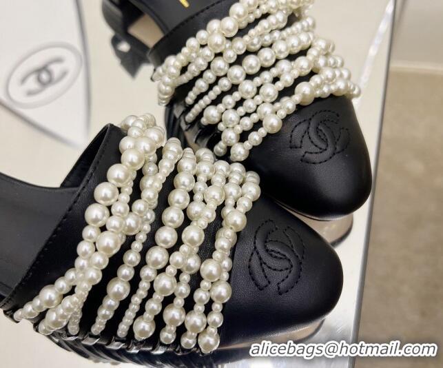 Good Quality Chanel Lambskin Pearl Bead Charm Sandals 2cm Black 032525