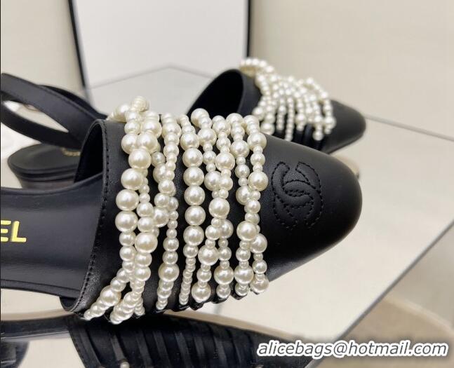 Good Quality Chanel Lambskin Pearl Bead Charm Sandals 2cm Black 032525