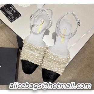 Stylish Chanel Lambskin Pearl Bead Charm Sandals 2cm White 032526